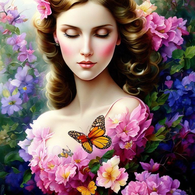 Illustrated woman surrounded by vibrant flowers and butterflies