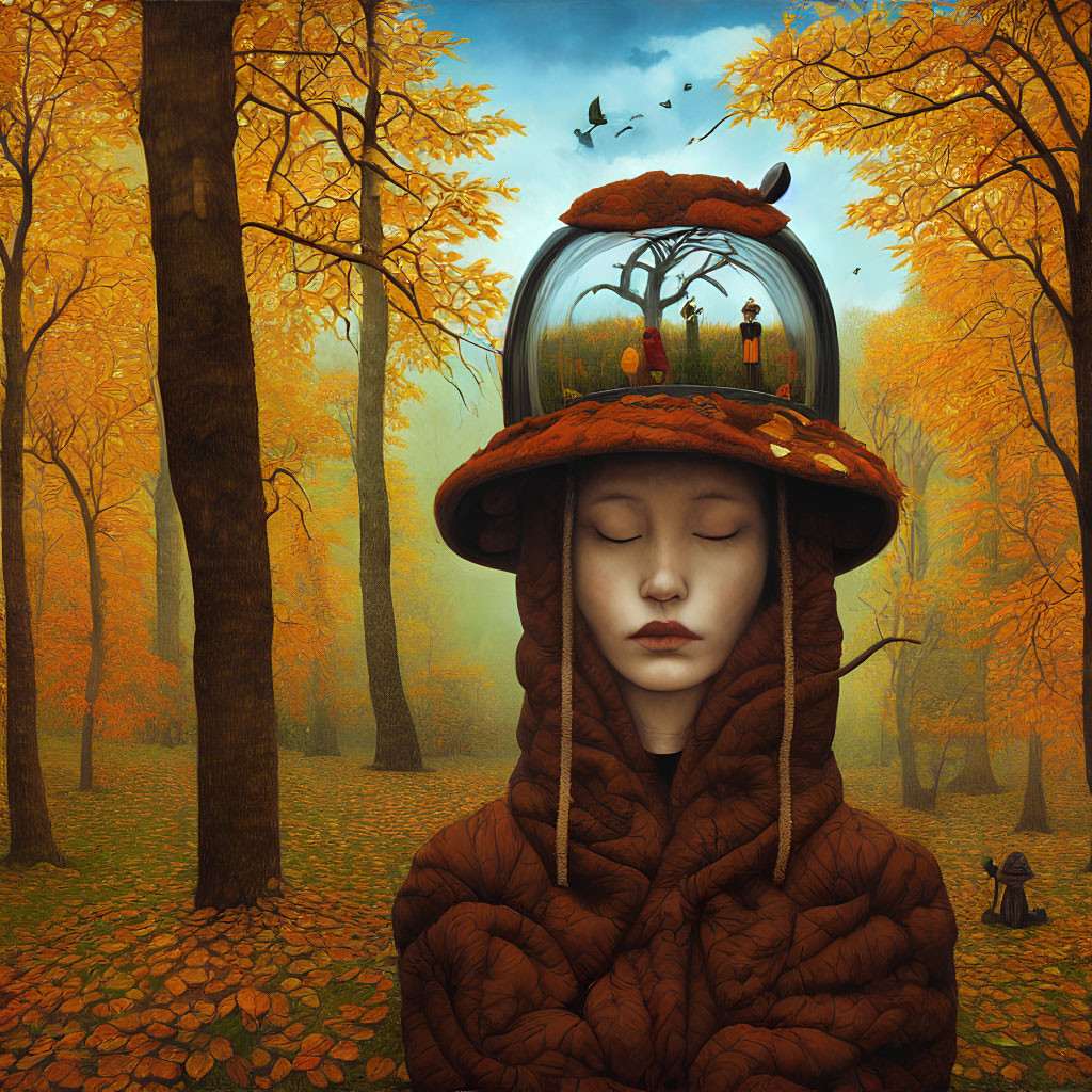 Surreal artwork: Person in brown puffy jacket with autumn forest under glass dome