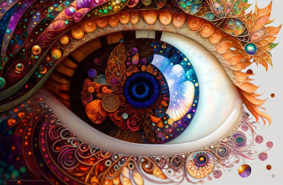 Colorful Eye Illustration with Cosmic Iris and Ornate Patterns