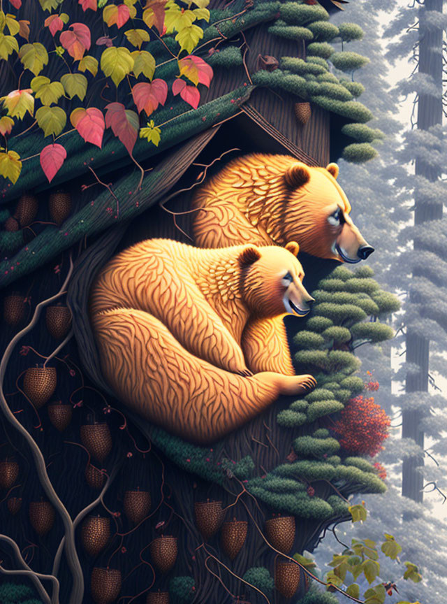 Bears in wooden structure amid colorful foliage and foggy forest