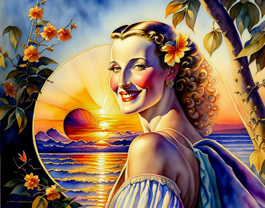 Vintage-style illustration of smiling woman with sun hat and flower, sunset over ocean.