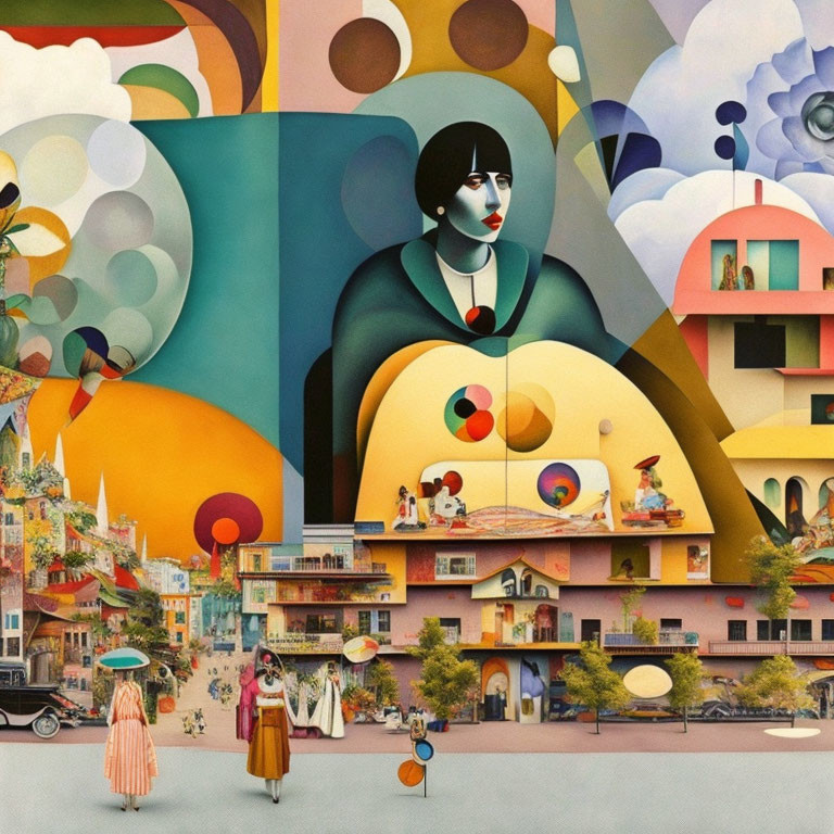 Colorful surrealist artwork with abstract female figure and whimsical townscape