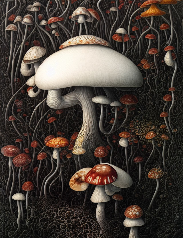 Intricate Mushroom Illustration on Dark Background