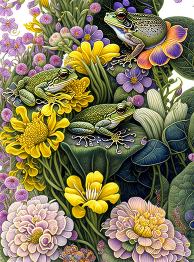 Colorful Illustration: Three Frogs Among Flowers