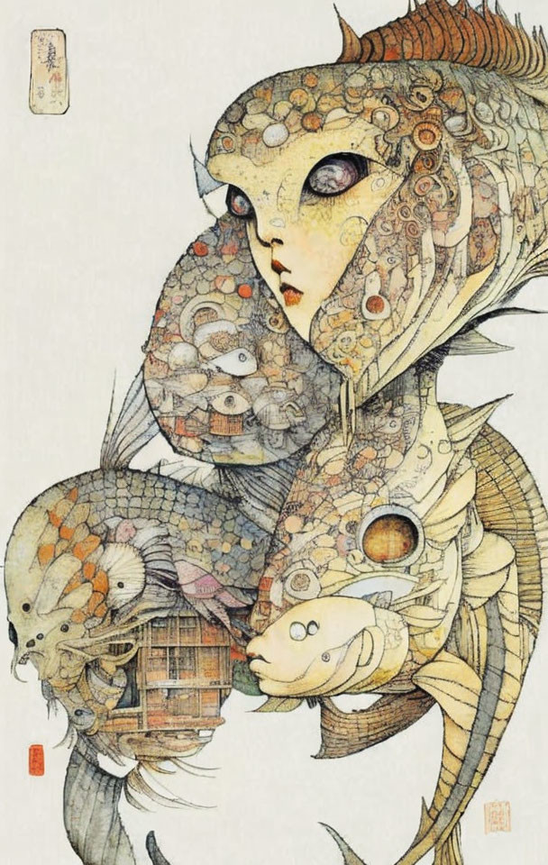 Illustration of woman with fish and aquatic patterns merging into hair and clothing