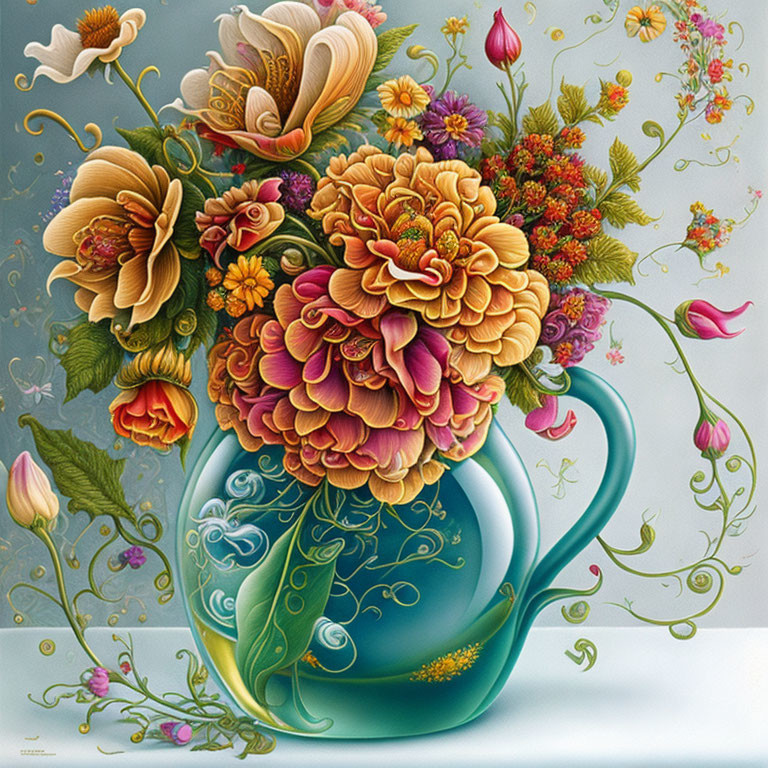 Colorful Teapot with Overflowing Flowers on Pale Background