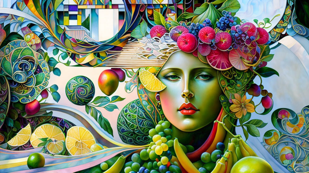 Colorful Surrealist Painting of Woman's Face with Fruit and Nature Motifs