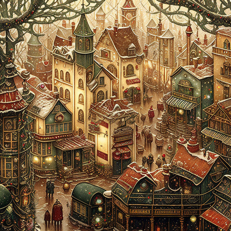 Snow-covered winter village scene with bustling activity and warmly lit windows