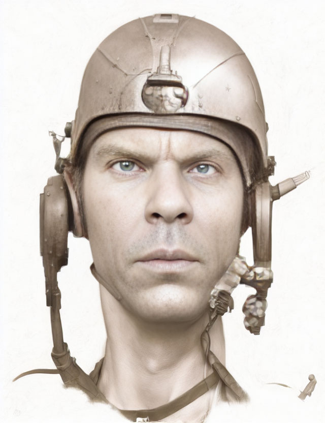 Man with Blue Eyes in Futuristic Brown Helmet with Antennas