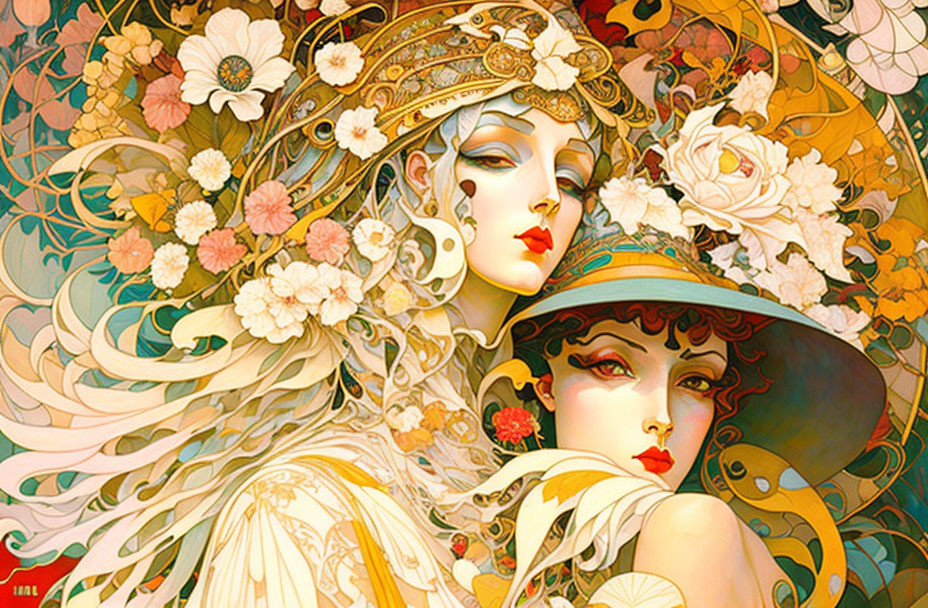 Art Nouveau-style illustration of two women with intricate floral details