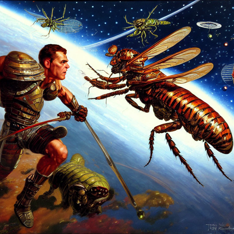 Futuristic warrior in armor battles giant wasps in space