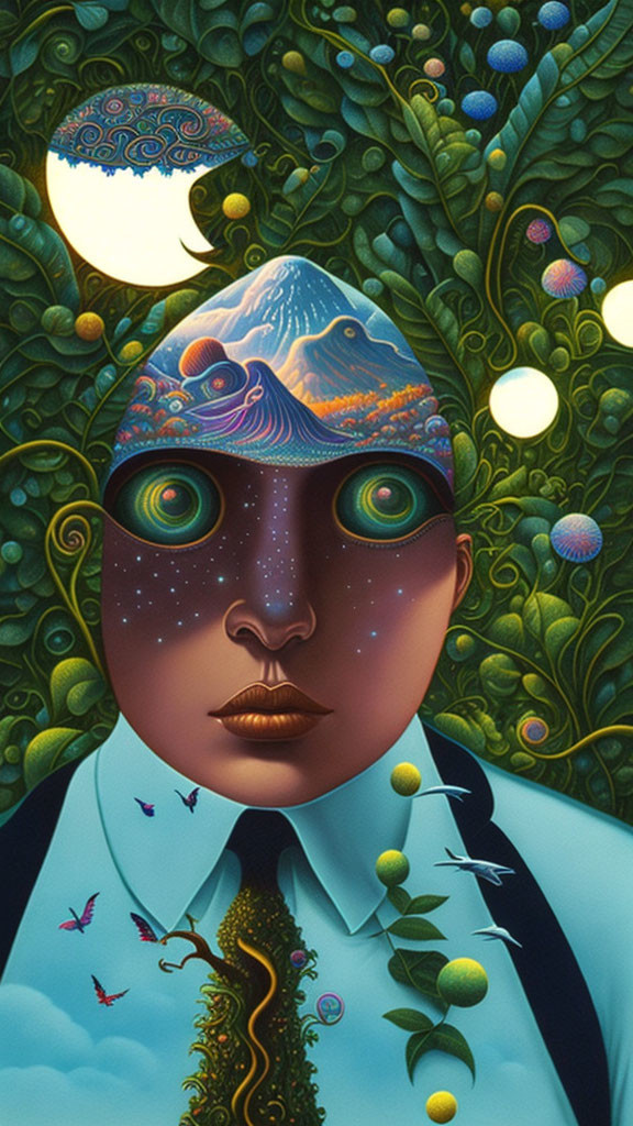 Person with landscape face, surrounded by flora, orbs, and butterflies under cosmic sky