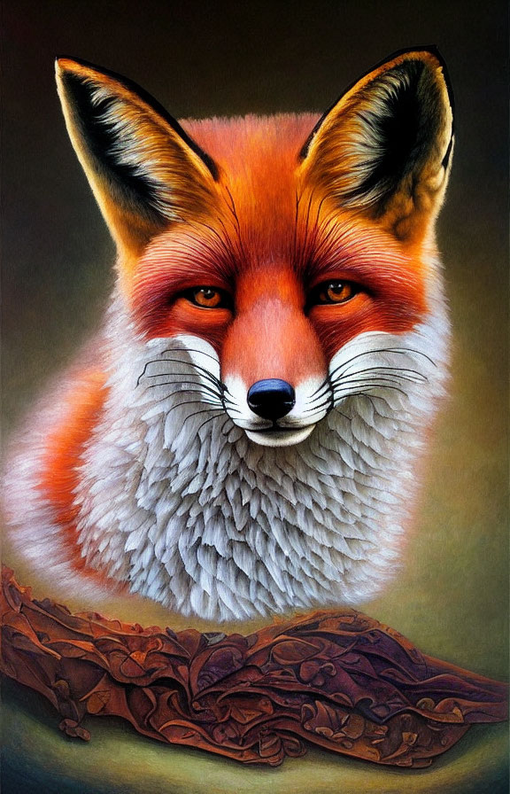 Detailed Red Fox Portrait with Intense Eyes on Carved Wood