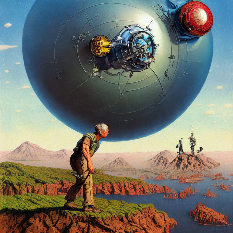 Fantastical landscape with floating mechanical spheres and contraptions