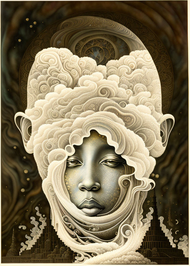 Intricately detailed surreal portrait with wool-like hair and celestial motifs