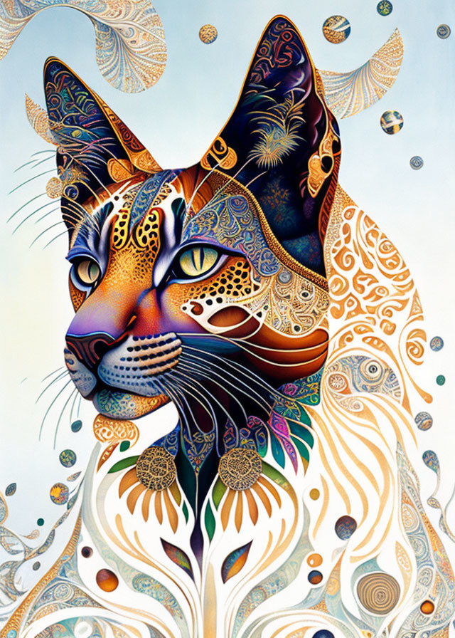 Colorful Ornate Cat Artwork with Swirls on Light Background