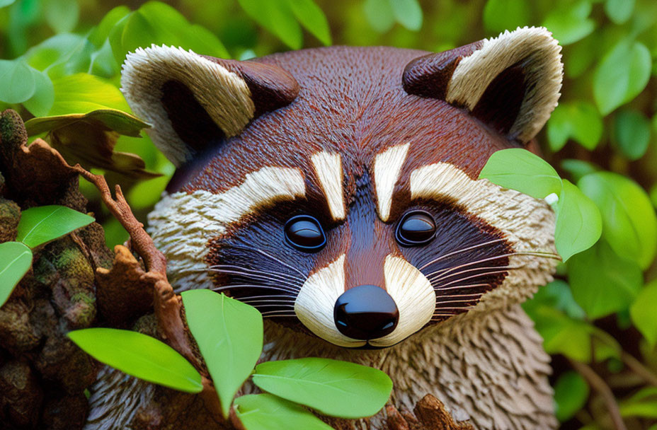 Colorful stylized raccoon illustration with pronounced facial features peeking from foliage