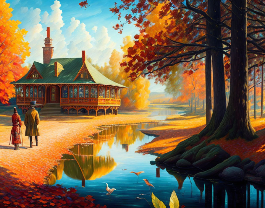 Couple walking near wooden lakeside house in vibrant autumn setting