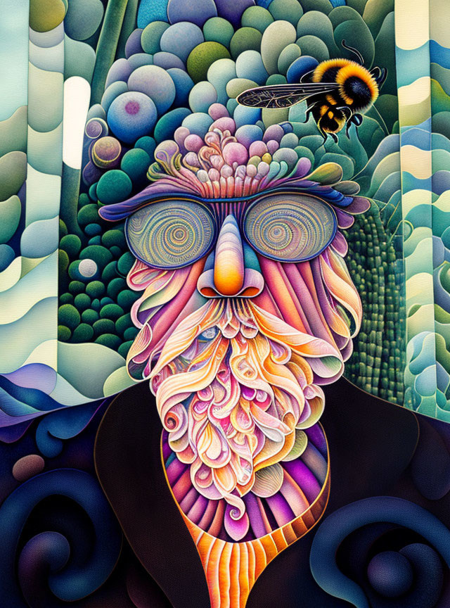 Vibrant Psychedelic Illustration of Figure with Swirling Beard