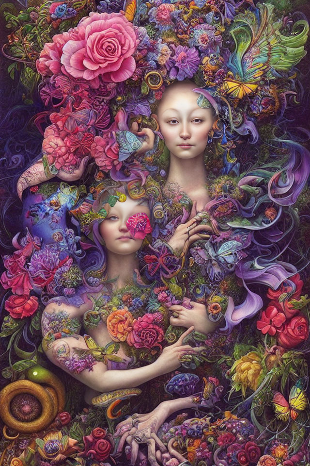 Colorful Artwork of Two Figures with Floral Motifs in Nature Scene