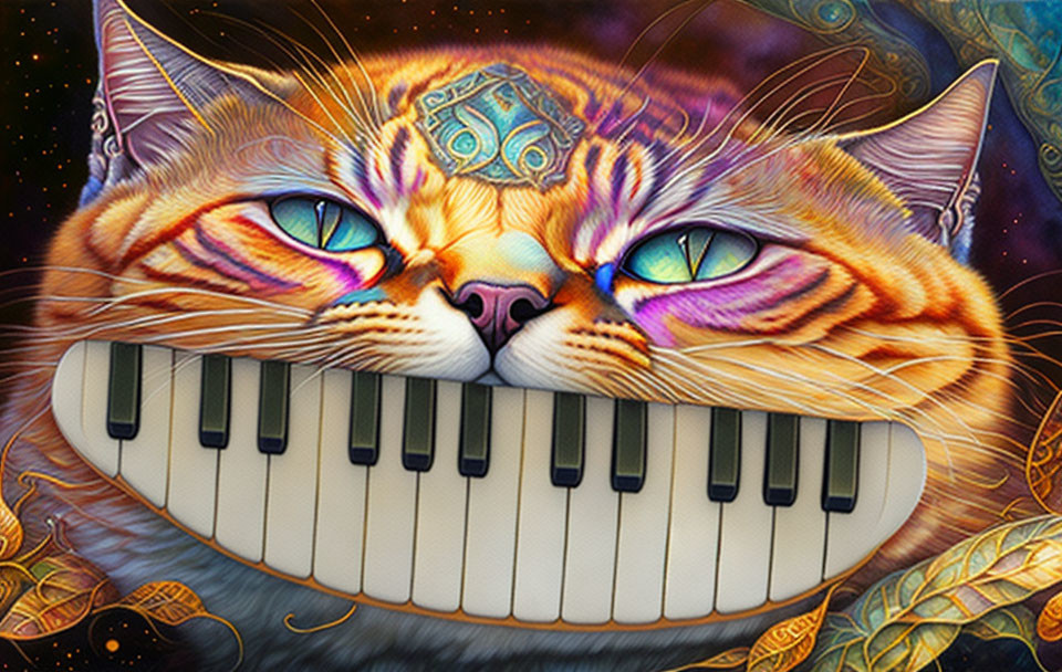 Vivid Illustration: Two Orange Cats Fused Over Piano Keyboard