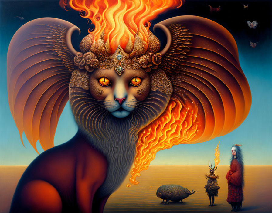 Majestic lion with ornate markings, robed figure, small creature, butterflies in mystical dusk