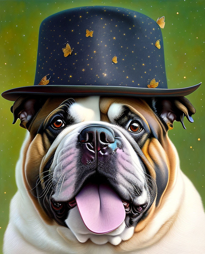 Whimsical Bulldog Artwork with Starry Top Hat and Playful Expression