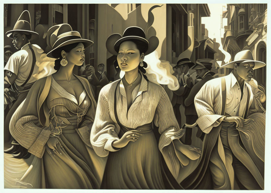 Vintage fashion illustration of elegant individuals in hats and suits on a bustling street in sepia tones