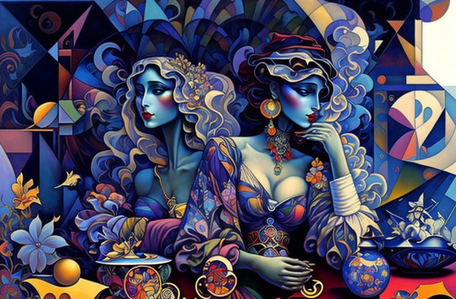 Vibrant surrealist painting featuring two women with stylized features and intricate patterns