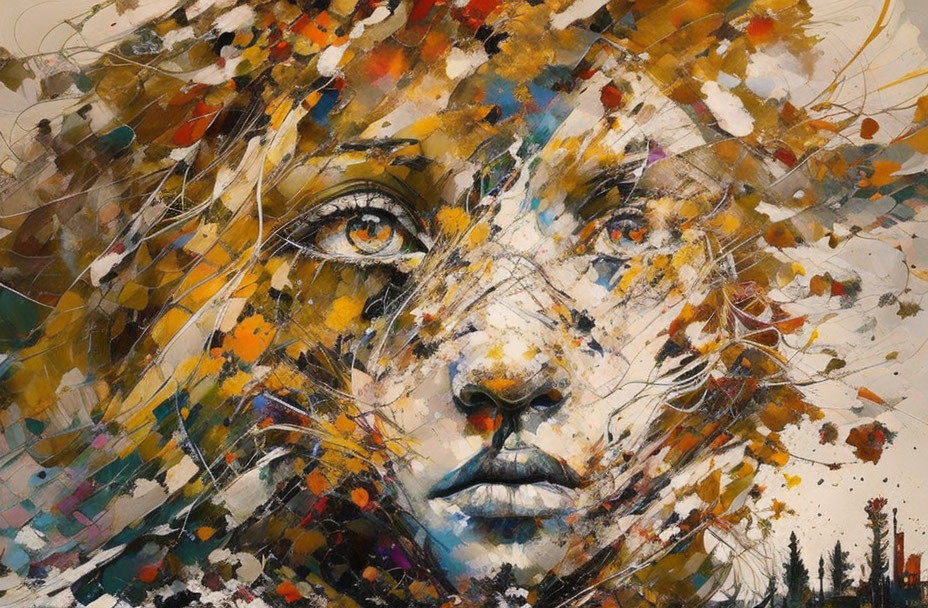 Colorful painting of woman's face blending with lion elements