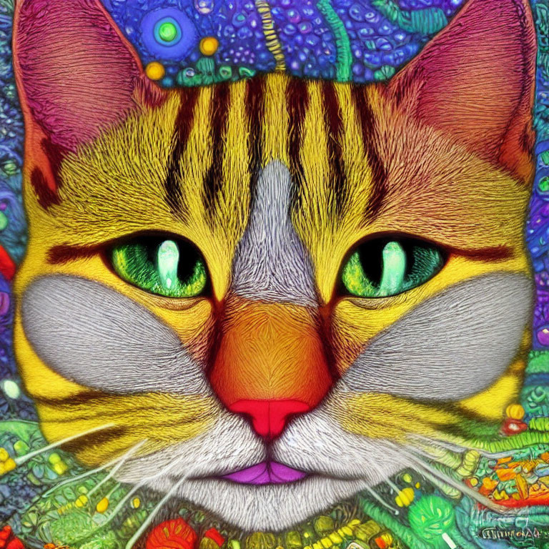 Colorful Cat Face with Vibrant Green Eyes and Intricate Pattern