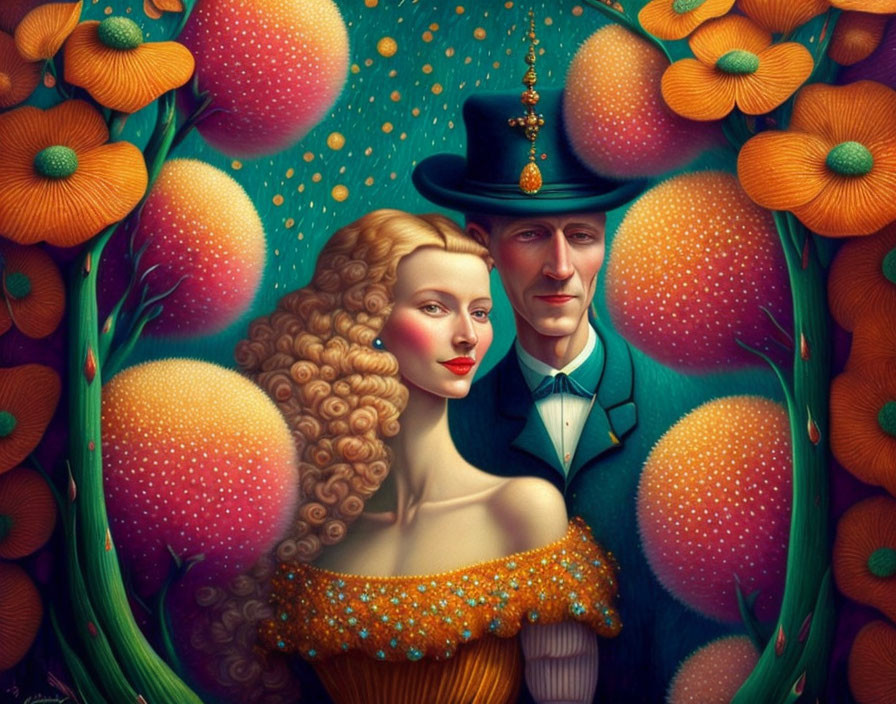 Victorian-era styled couple in green and yellow with orange flowers