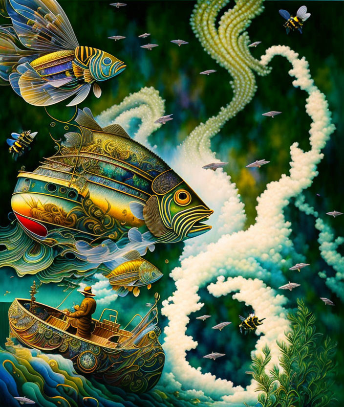 Intricate surreal artwork: mechanical fish, boat, bees, botanical backdrop