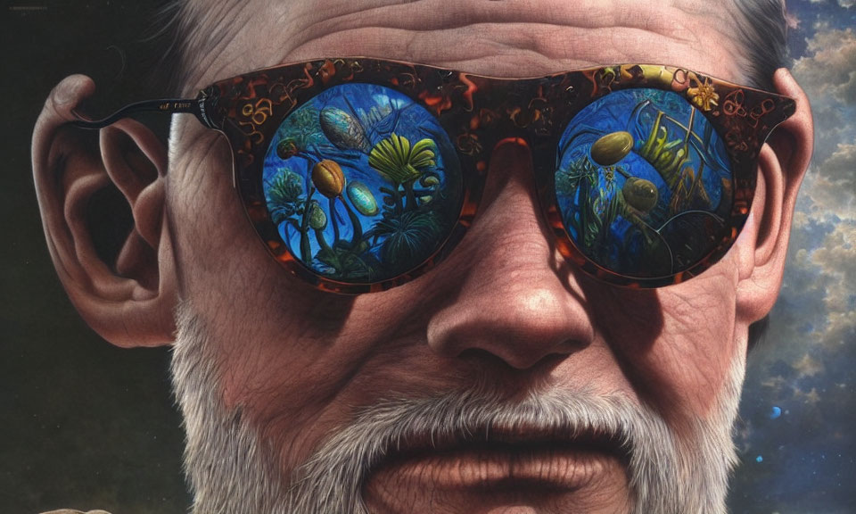 Elderly man's face with ornate sunglasses in surreal garden