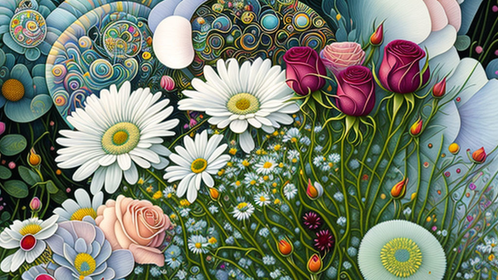 Detailed Illustration of Colorful Flowers: Daisies and Roses