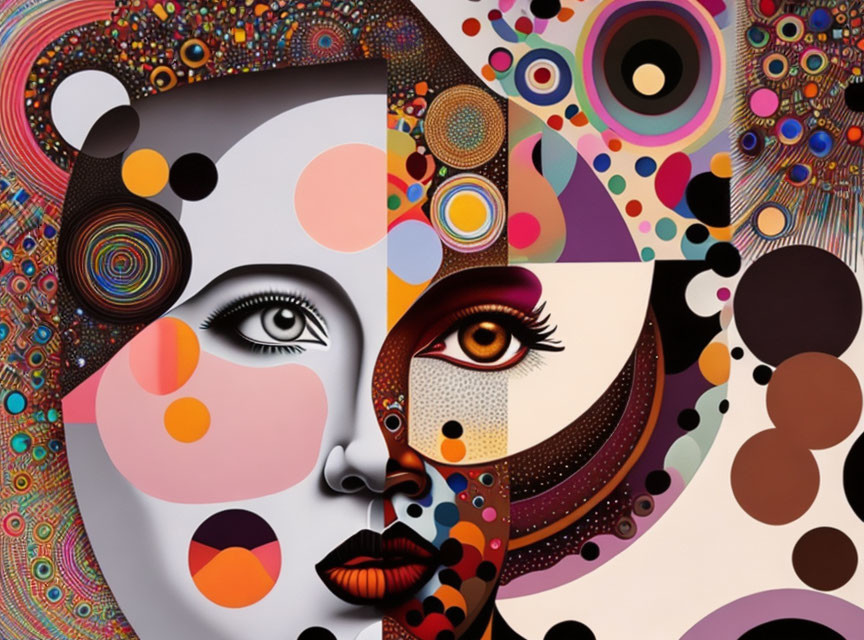 Split-Face Abstract Art: Monochrome vs. Colorful Dotted Patterns