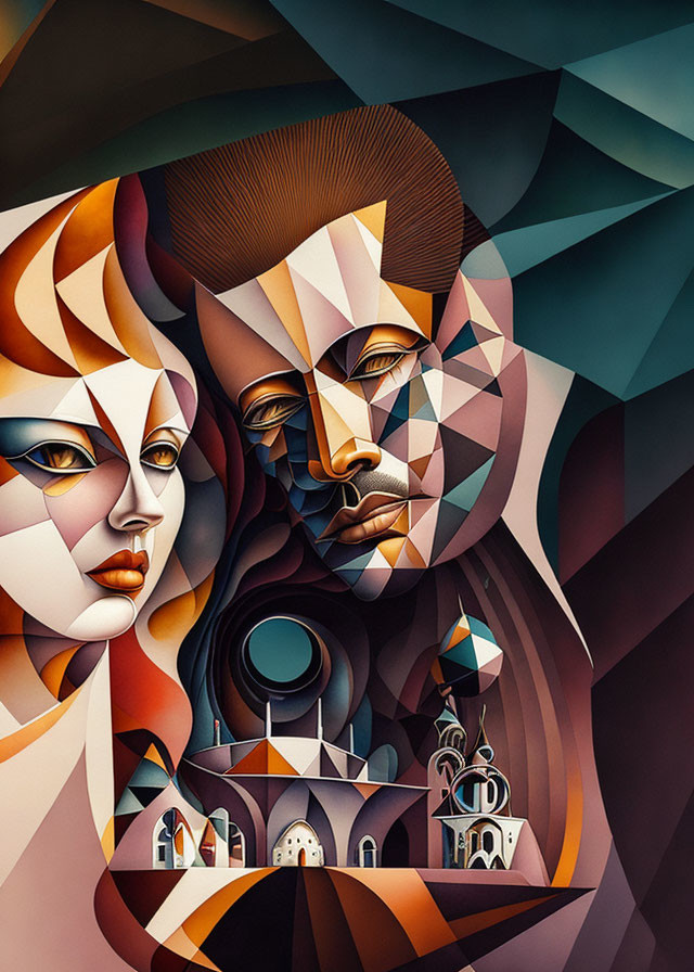 Interlocked faces in abstract geometric art with detailed cityscape, warm tones