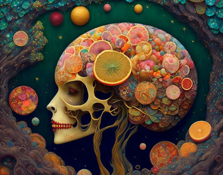 Vibrant skull with citrus brain in cosmic setting