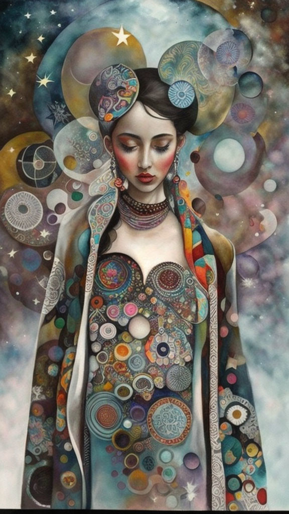 Celestial-themed woman with patterned attire and cosmos halo