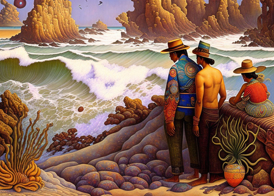 Three people in patterned clothes by rocky shore with crashing waves, intricate rock formations, seabirds