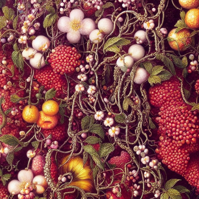 Detailed painting of assorted fruits with green vines and red berries.