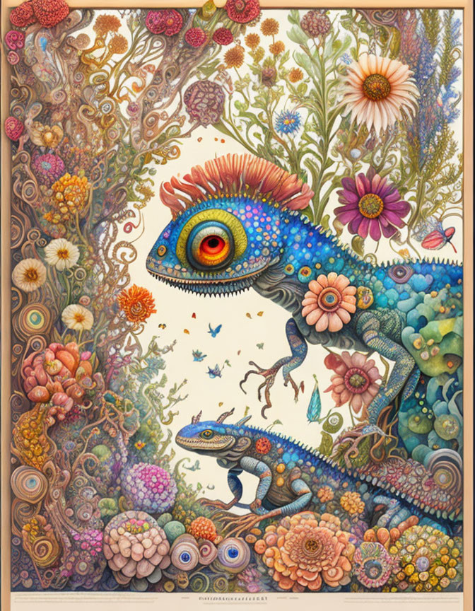 Colorful chameleon illustration with intricate patterns in floral setting