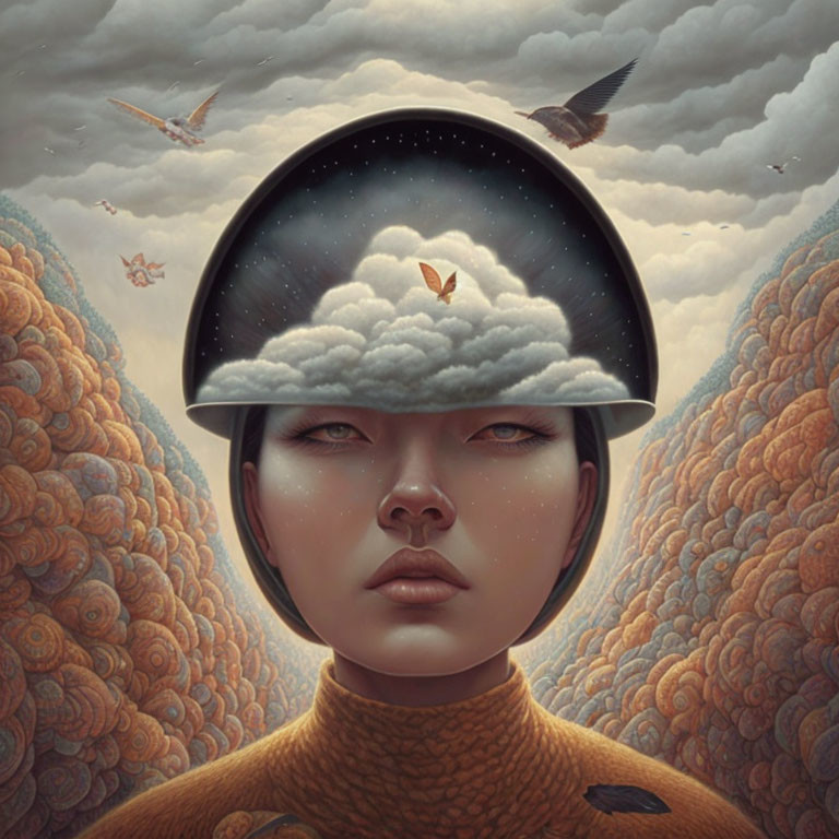 Surreal portrait featuring cosmic helmet with clouds, stars, butterfly, birds, and floral patterns