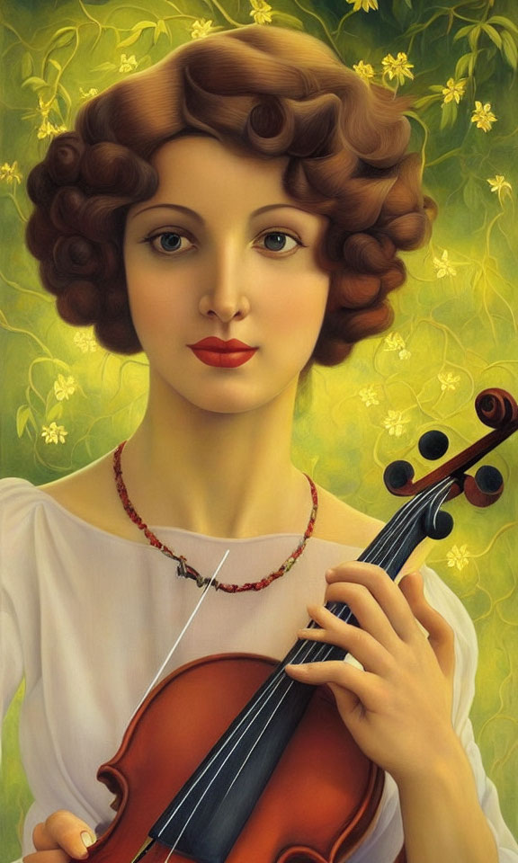 Portrait of Woman with Curled Brown Hair Holding Violin on Yellow Floral Background