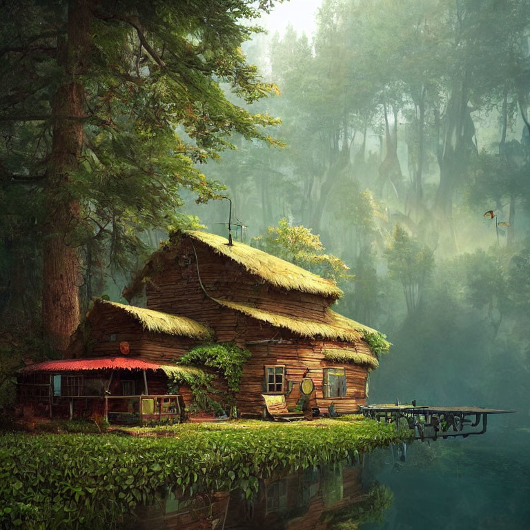 Tranquil Lake Thatched Cottage in Misty Forest