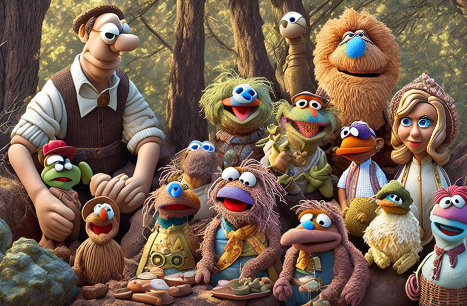 Colorful Muppet characters in forest setting exude camaraderie