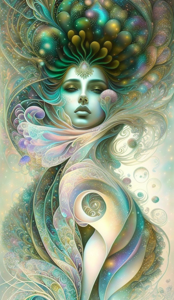 Illustrative surreal artwork of woman with fantasy hair in teal, purple, and green palette