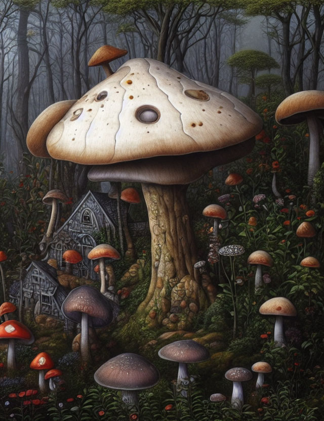 Fantasy forest illustration with mushroom houses and giant fungi