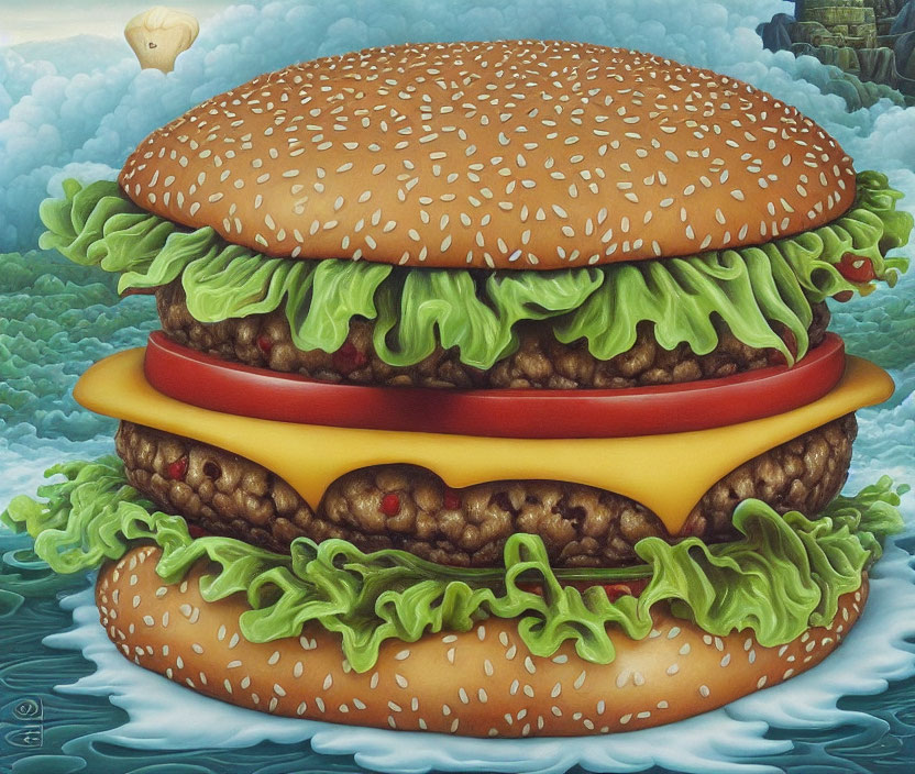 Surreal cheeseburger with lettuce layers in ocean setting, hot air balloon, and ruins.