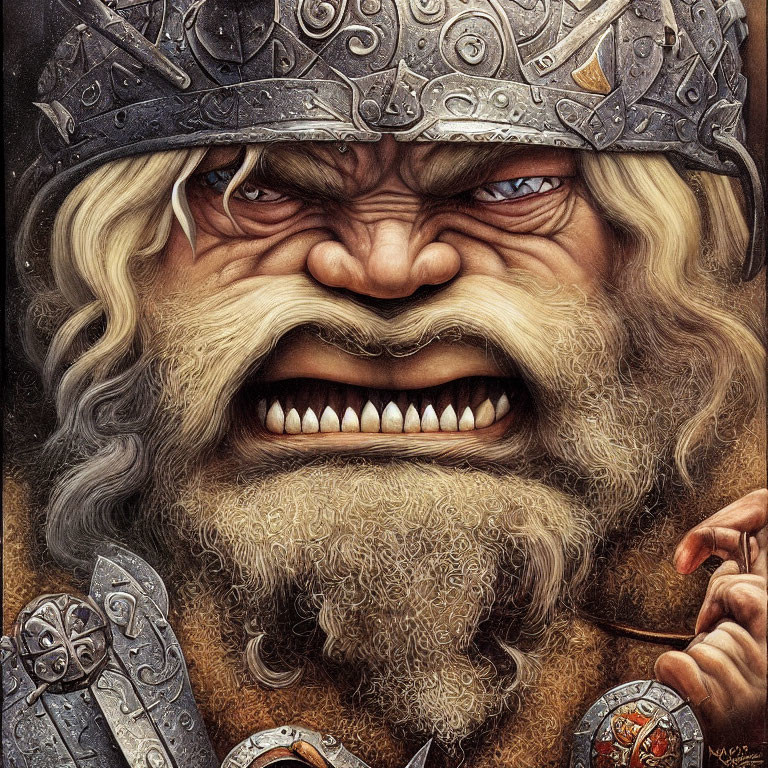 Detailed illustration of angry Viking warrior with furrowed brow, metal helmet, white beard.